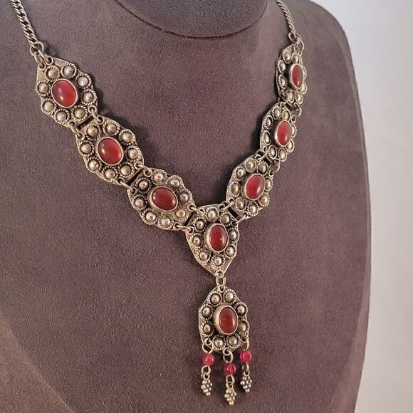 Vintage Sterling Carnelian Tribal Middle Eastern Y Necklace - Picture 2 of 7